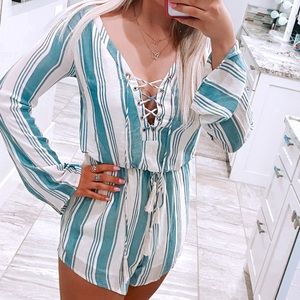 striped lace up romper